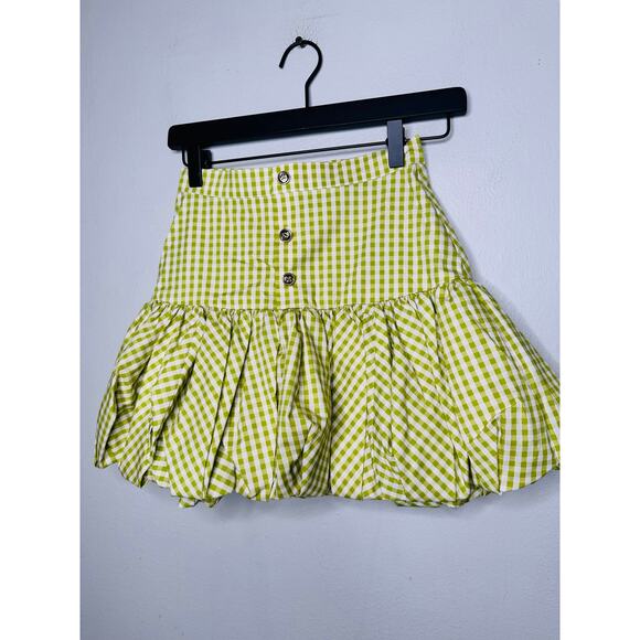 NWT CAROLINE CONSTAS Green White Gingham Checkered Reina Bubble Mini Skirt XS - Picture 1 of 12